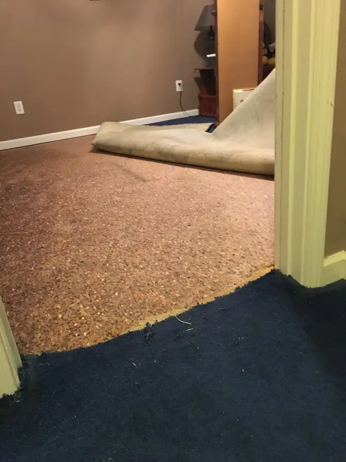 Carpet pad removal revealing water damage during Water Mitigation Services in Upper Mount Bethel